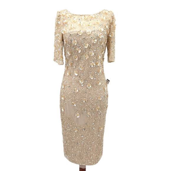 ADRIANNA PAPELL SZ 2 beige 3d floral beaded knee length nwt $249  b118 *flaw - Picture 2 of 11
